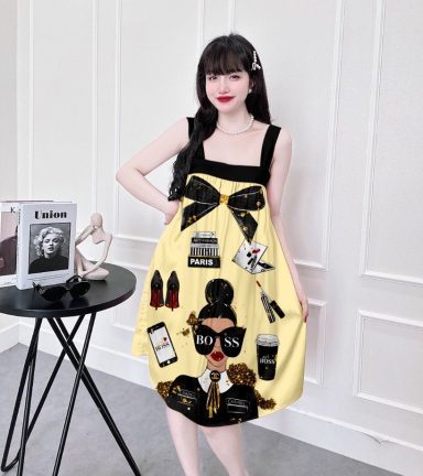 Đầm suông nữ 2 dây bảng to họa tiết siêu cute 3d - DBO1429