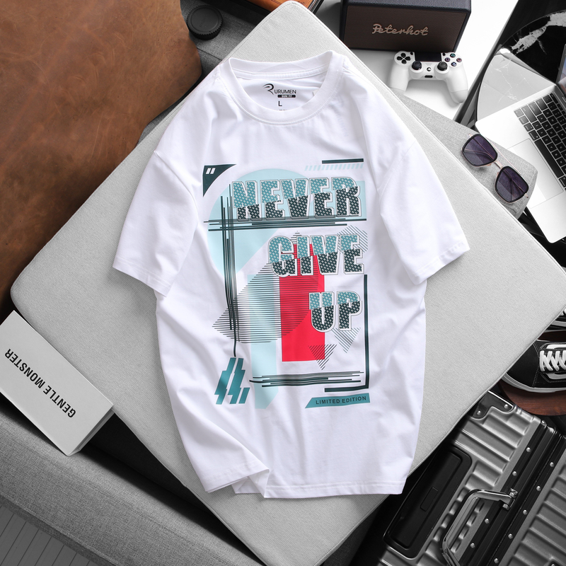 20470-z4540567626602-269ab1ca828d91f0b22be7b15e142213-15.png Áo Thun Nam Cổ Tròn Rurumen Màu Trắng Never Give Up Big Size - AB434