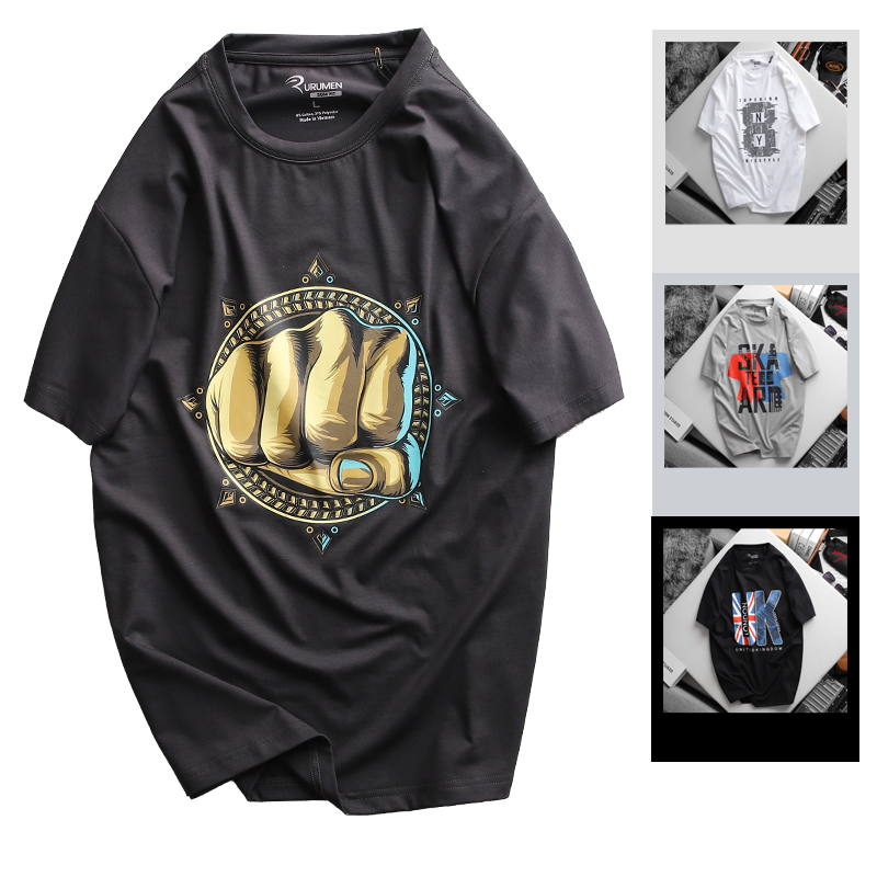 22462-ab489.png Áo Thun Nam Cổ Tròn Rurumen Màu Xám In Hình Fist Bump Big Size - AB489