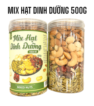 Hạt Mix 5 Vị ( Mắc ca - Hạnh Nhân - Óc Chó - Bí Xanh - Hạt Điều) Đã Tách Vỏ Loại Ngon 500g Hộp Pet - HM5V