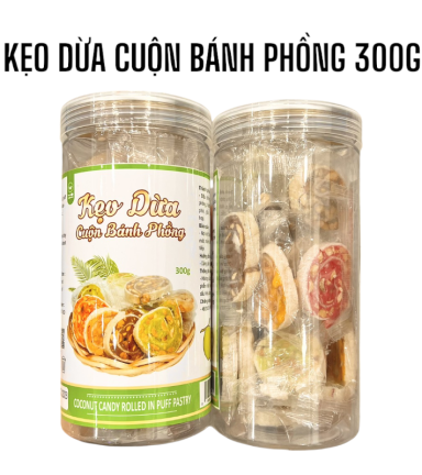 Kẹo Dừa Cuộn Bánh Phồng Mix 7 Vị Thơm Ngon 300g Hộp - KDCBP