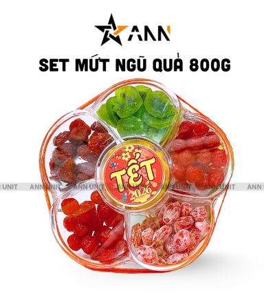 Hộp Quà Tết Set Mứt Lục Vị Bông Mai 800g (Ó Mai Đào Hồng, Ó Mai Đào Bố, Kiwi Sấy Dẻo, Ó Mai Mận Cơm, Xoài Sấy Dẻo) - Hộp Bông Mai - 8936208933692