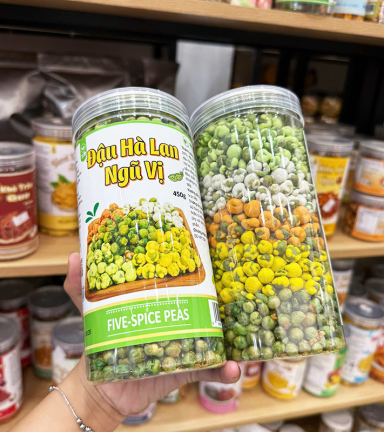 Đậu Hà Lan Ngũ Vị Thơm Ngon 450g (sầu riêng - phô mai - sữa dừa - wasabi - tỏi ớt ) Hộp - 8936208931391