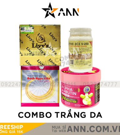 Combo Trắng Da Body Livy's Vàng + Body Bạch Ngọc Liên Hồng Spa + Kem Kích Trắng Abutine V250 + Kem Body Alpha Abutine Collagen Thái Lan - COMBOTRANG02