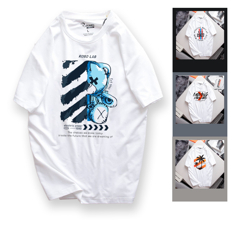 23647-ab500.png Áo Thun Nam Cổ Tròn Rurumen Màu Trắng In Hình Gấu Teddy Xanh (Có size 4x) - AB500