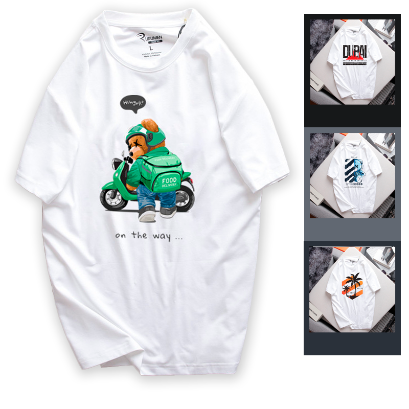 23653-ab504.png Áo Thun Nam Cổ Tròn Rurumen Màu Trắng In Hình Gấu Mang Balo (Có size 4x) - AB504