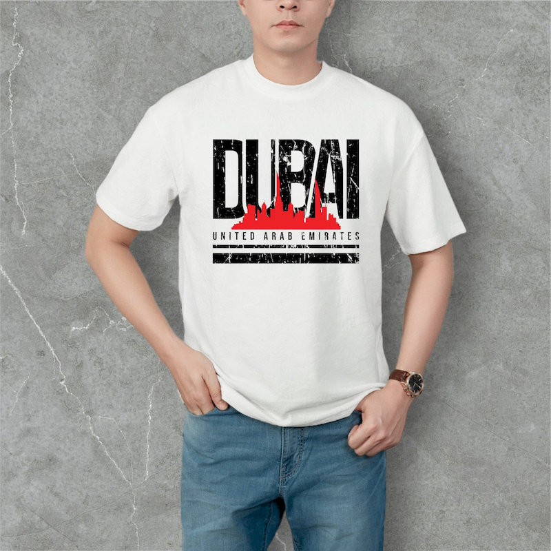 Áo Thun Nam Cổ Tròn Rurumen Màu Trắng In Logo Chữ DUBAI (Có size 4x) 4 Áo Thun Nam Cổ Tròn Rurumen Màu Trắng In Logo Chữ DUBAI (Có size 4x)