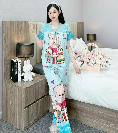 Đồ bộ pijama quần dài áo tay ngắn bèo cổ ren in họa tiết - DBO4354