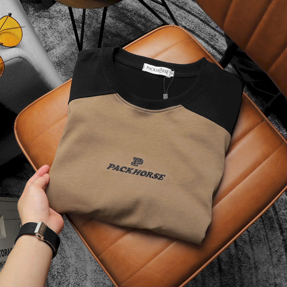24093_z5363825494089-2999449196074a6985e48d0c05df3f53_20240420025042-2.png Áo Thun Nam Cổ Tròn Oversize Tay Phối Màu Thêu Chữ PackHorse - AB512