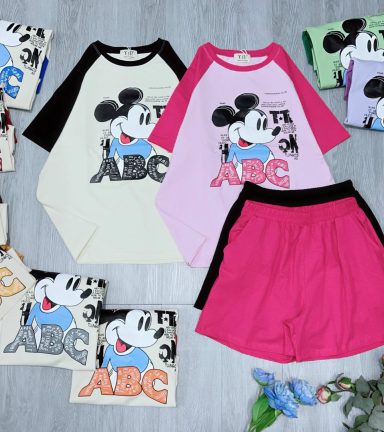 Đồ bộ thun nữ quần đùi áo in hình chuột mickey chữ ABC - DBO4541