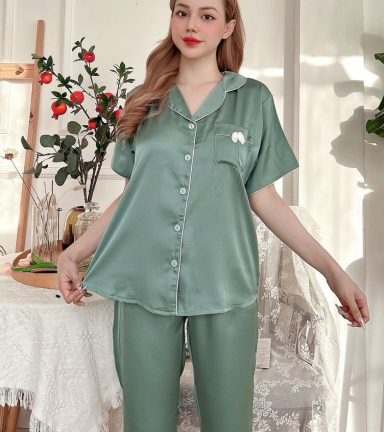 Đồ bộ satin quần lửng áo 2 sơ mi có túi trước may nơ nhỏ - DBO4559