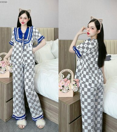 Đồ bộ quần dài áo tay ngắn cổ viền nơ in nhiều hoạ tiết khác nhau - DBO4678