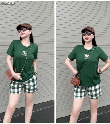 Đồ bộ quần đùi ca rô nhỏ áo thun in chữ Yes - DBO4712