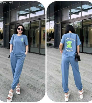 Đồ bộ quần dài bo thun áo tay ngắn in hình gấu - DBO4714