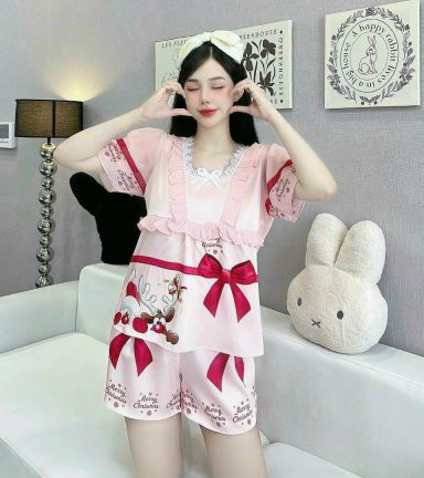 Đồ bộ quần đùi latin áo cổ vuông viền ren nơ in hình dể thương - DBO4724