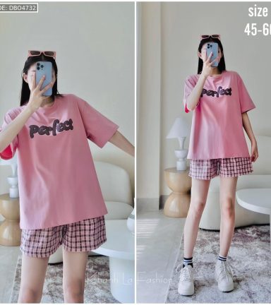 đồ bộ quần ca rô áo thun in chữ - DBO4732
