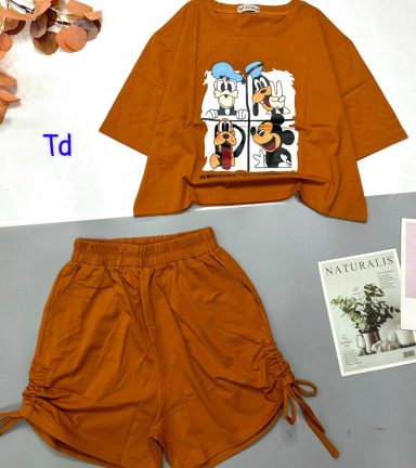 Đồ bộ quần đùi rút dây áo croptop cổ tròn in hình thú - DBO4748