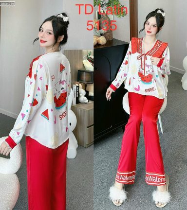 Đồ bộ latin quần dài áo tay dài cổ v viền có nơ cột - DBO4759