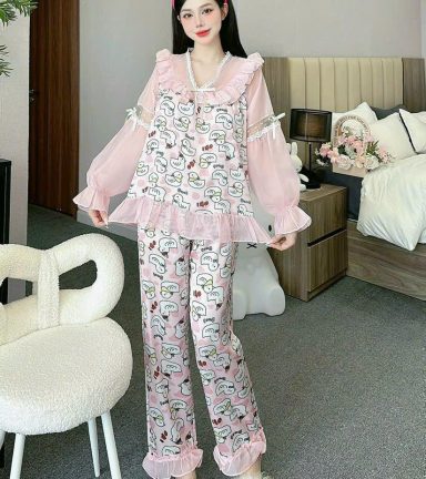 đồ bộ quần dài áo tay dài vải latin phối ren nơ - DBO4826
