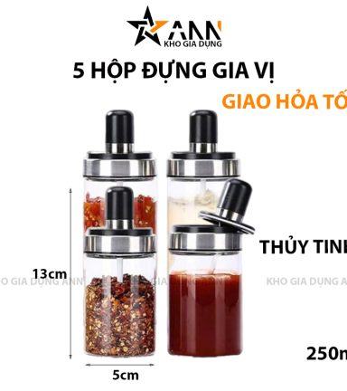 Combo 5 Hũ Đựng Gia Vị Bằng Thuỷ Tinh - Lọ Đựng Gia Vị Thuỷ Tinh Có Nắp Đậy Kèm Thìa Nhà Bếp 13x5cm - CBLOGIAVI01