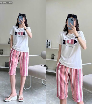 Đồ bộ quần lửng màu sọc áo tay ngắn in hình cá - DBO4844