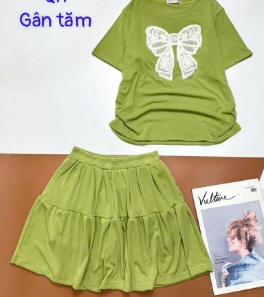 Đồ bộ gân tăm quần váy áo in nơ lớn - DBO4899