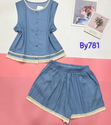Đồ bộ quần đùi áo sát nách có nút trơn phối ren - DBO4930