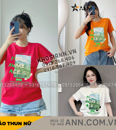 Áo Thun Thái Nữ Cổ Tròn Form Đại In Chữ Free Awake Ace Size XL(65-85kg) - AG1447
