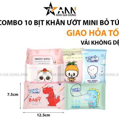Combo 10 Bịt Khăn Ướt Bỏ Túi Du Lịch - Khăn Giấy Ướt Mini - Chất Liệu Vải Không Dệt 12.5x7.5cm - KUBTMN01