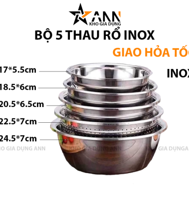 Bộ 5 Thau Rổ Inox 304 Cao Cấp - B5TRIN01