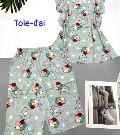 Đồ bộ vải tole quần lửng áo sát nách bèo hình bông thú - DBO5004