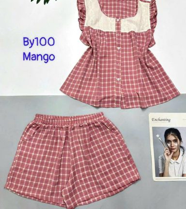 Đồ bộ mango quần đùi caro áo sát nách phối ren - DBO5007