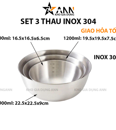 Set 3 Thau Inox 304 Trộn Salad Có Vạch Chia Dung Tích - S3TTSL01