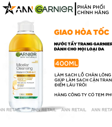 Nước Tẩy Trang Garnier Màu Vàng Micellar Cleansing Water in Oil 400ml - 6902395502005
