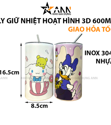 Ly Giữ Nhiệt Hoạt Hình 3D 600ml Kèm Ống Hút - BGNKOH3D01