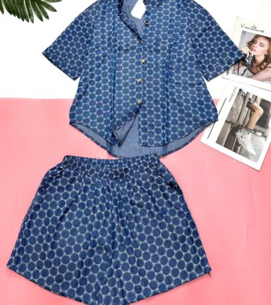 Đồ bộ quần đùi áo sơ mi tay ngắn jean in - DBO5048