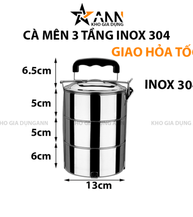 Cà Mên Inox 3 Tầng Tay Cầm Nhựa 22.5x13x13cm - CMIN3T