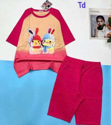 Đồ bộ quần lửng áo tay ngắn in 2 chú thỏ quàng khăn - DBO5067