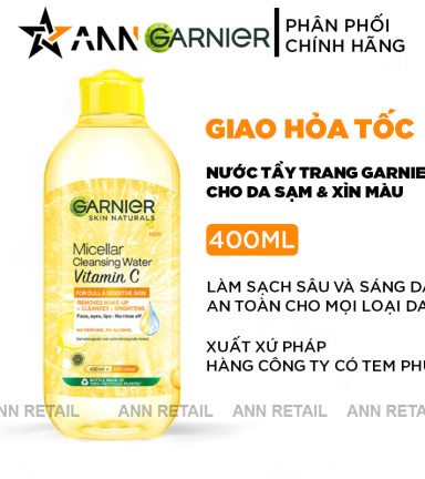 Nước Tẩy Trang Garnier Nắp Vàng Micellar Cleansing Water Vitamin C Dành Cho Da Sạm Xỉn Màu 400ml - 8994993013869