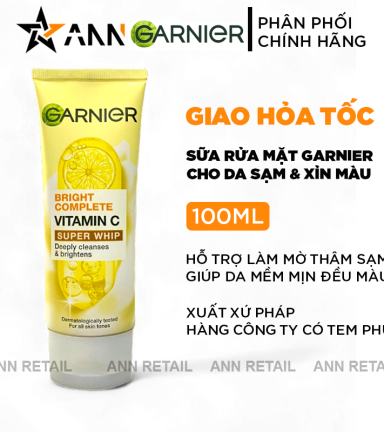 Sữa Rửa Mặt Garnier Sạch Sâu Sáng Da Bright Complete Vitamin C Super Whip Deeply Cleanses & Brightens 100ml - 8994993009015