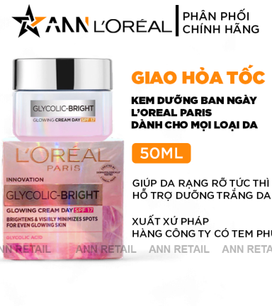 Kem Dưỡng Trắng Da Loreal Paris Ban Ngày Glycolic-Bright Glowing Cream Day SPF 17 50ml - 8994993016525
