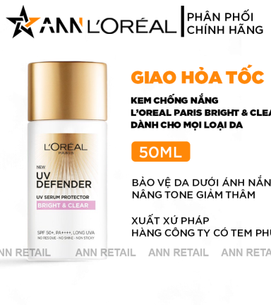 Kem Chống Nắng Loreal Paris Nâng Tone Giảm Thâm Bright & Clear With Niacinamide SPF50+ PA++++ 50ml Loreal - 8994993014668