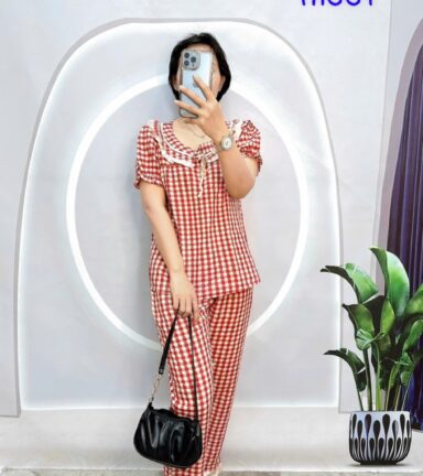 Đồ bộ quần dài áo tay ngắn bèo cổ bèo nơ caro ô - DBO5103