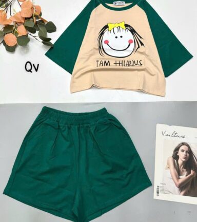 đồ bộ quần đùi áo crop top tay ngắn in chữ i am happy - DBO5114
