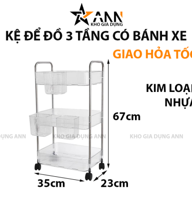 Kệ Để Đồ - Kệ 3 Tầng - Kệ Bếp - Kệ Nhựa Trong Suốt Có Bánh Xe 67x23x35cm - KDD3T