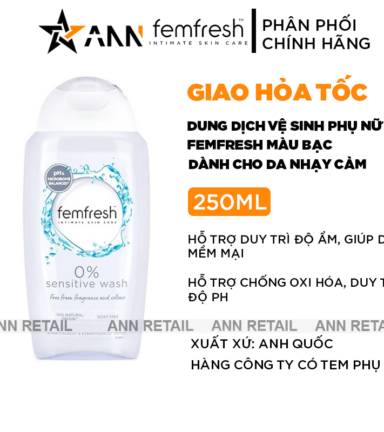 Dung Dịch Vệ Sinh Phụ Nữ Femfresh Sensitive Wash Màu Bạc - Dành Cho Da Nhạy Cảm 250ml - 5010724533673