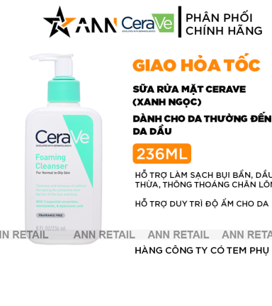 Sữa Rửa Mặt Cerave Foaming Cleanser Xanh Ngọc Nhỏ 236ml - Dành Cho Da Thường Đến Da Dầu - 3337875597197