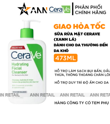 Sữa Rửa Mặt Cerave Hydrating Cleanser Xanh Lá Lớn 473ml - Dành Cho Da Thường Đến Da Khô - 3337875597333
