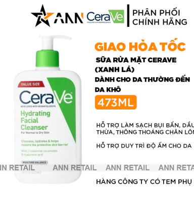Sữa Rửa Mặt Cerave Hydrating Cleanser Xanh Lá Lớn 473ml - Dành Cho Da Thường Đến Da Khô - 3337875597333