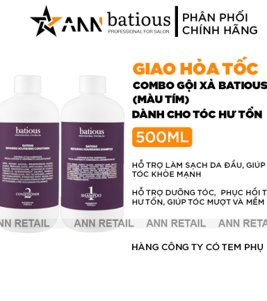 Combo Dầu Gội Xả Batious Repairing Nourishing Shampoo Màu Tím - Dành Cho Tóc Hư Tổn 500ml - 5061014610802